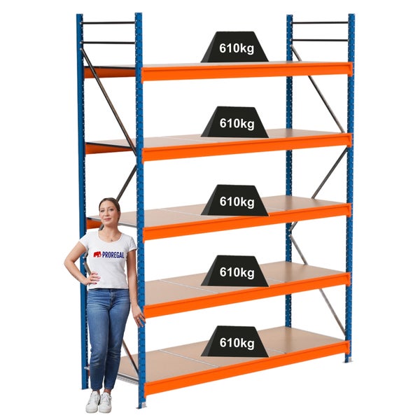 Lagerregal mit fünf Ebenen und einer maximalen Traglast von 610 Kilogramm pro Ebene.