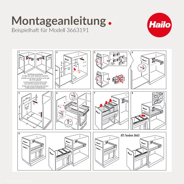 Montageanleitung für ein Hailo Abfallsammlersystem Modell 3663191 in einem Küchenschrank mit neun bebilderten Arbeitsschritten. Hailo Logo.