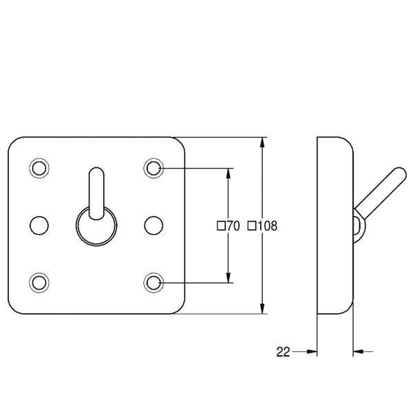 Technische Zeichnung einer quadratischen Ankerplatte mit Haken und Bemaßungen in Millimeter zur Wandmontage.