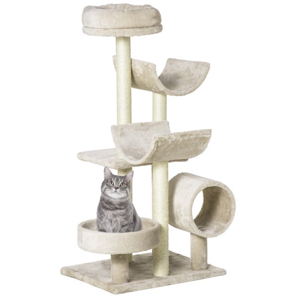 PawHut Katzenbaum Katzenkratzbaum Katzen Kletterbaum Kratzbaum Spielzeug Tunnel Beige L50 x B40 x H105 cm
