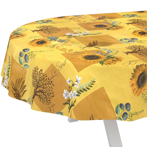 Runde Tischdecke mit Sonnenblumen, Olivenbäumen und Blumenmotiven im provenzalischen Stil.