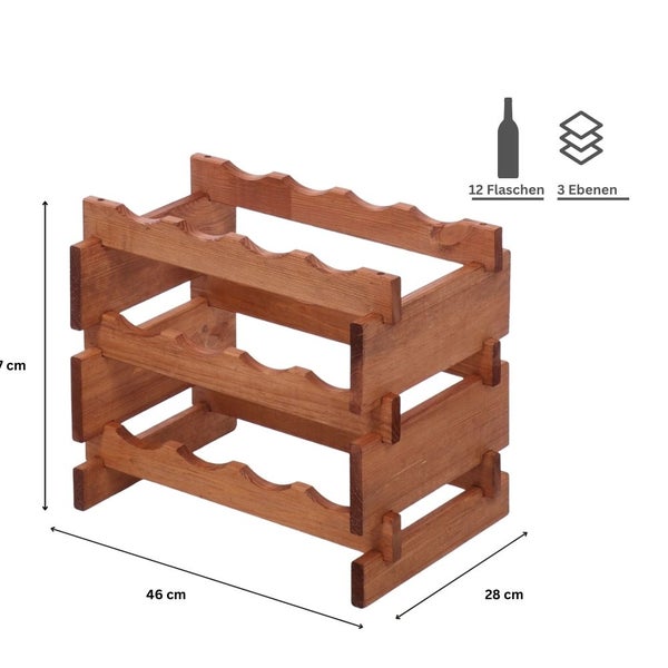 Weinregal VINOTECA FLEX PRO HxBxT 37x46x28cm 12 Flaschen auf 3 Ebenen Massives Kiefernholz Braun geölt