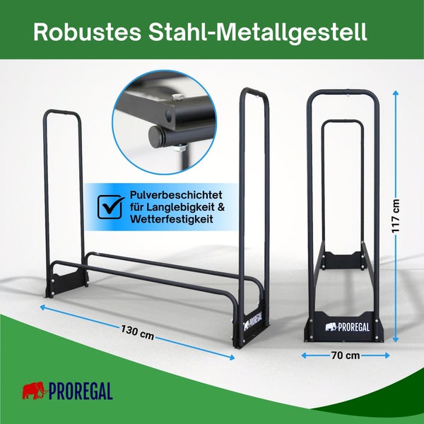 Brennholzregal aus robustem Stahl, pulverbeschichtet, Maße 130 Zentimeter mal 70 Zentimeter mal 117 Zentimeter, Proregal Logo.