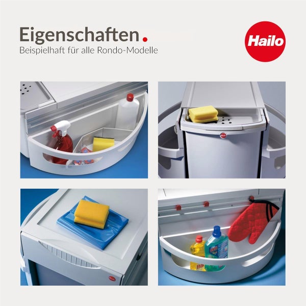 Detailansichten der Hailo Rondo Abfalltrennsysteme mit verschiedenen Ablagemöglichkeiten und Reinigungsutensilien.