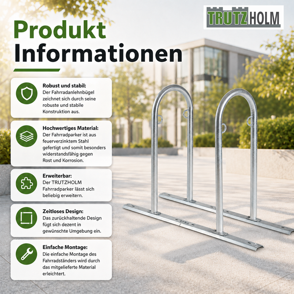 Trutzholm Fahrradständer aus verzinktem Stahl, Produktinfos zu Robustheit, Korrosionsschutz, Erweiterbarkeit und einfacher Montage. Trutzholm Logo.