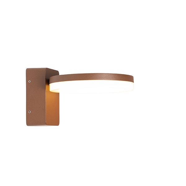 Moderne Außenwandleuchte in Rostoptik mit rundem, leuchtendem Ring.