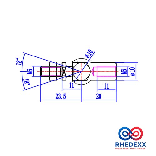 Technische Zeichnung eines Winkelgelenks mit M6 Gewinde, Durchmesser 10 Millimeter und Maßangaben. Rhedexx Logo.