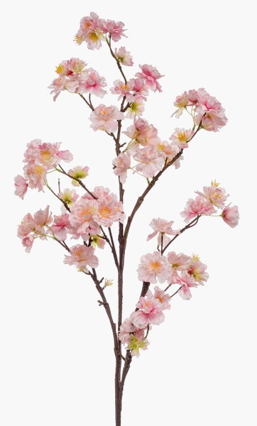 Künstlicher Kirschblütenzweig mit rosa und weißen Blüten und gelben Staubfäden.
