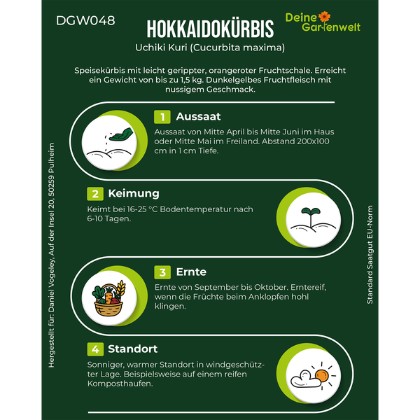 Infografik für Hokkaidokürbis Uchiki Kuri mit Details zu Aussaat, Keimung, Ernte und sonnigem Standort. Deine Gartenwelt Logo.