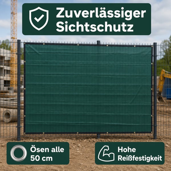 Sichtschutznetz aus HDPE Gewebe mit Metallöse und Kabelbinder für eine einfache Montage, Maße 1,76 Meter mal 3,41 Meter.