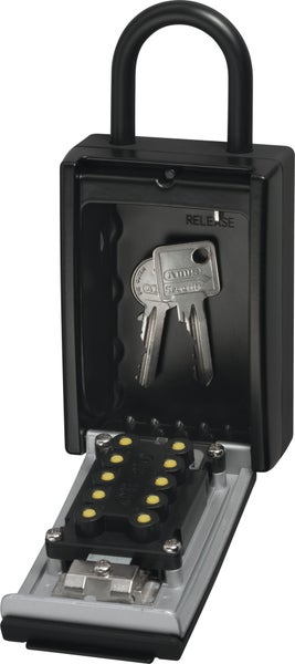 Schwarzer ABUS Schlüsselsafe mit Bügel, geöffnet, Drucktasten-Zahlenschloss und zwei Schlüsseln im Innenraum.