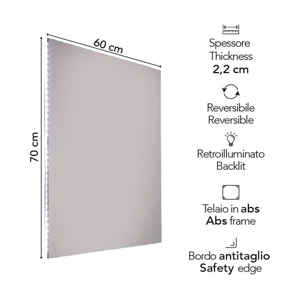 Rechteckiger hinterleuchteter Spiegel, 60 mal 70 Zentimeter, Stärke 2,2 Zentimeter, umkehrbar, ABS-Rahmen, Sicherheitskante.
