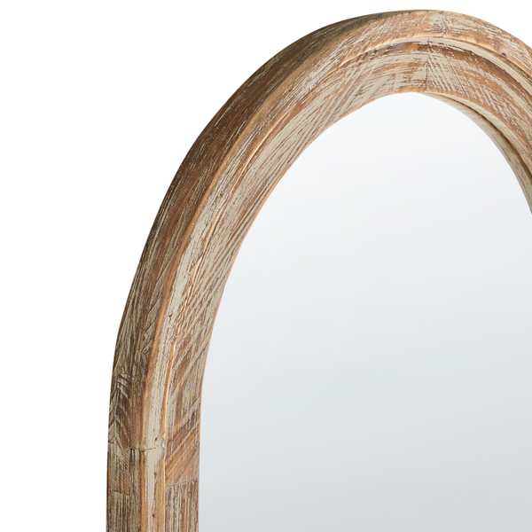 Wandspiegel mit bogenförmigem Holzrahmen im Vintage-Stil.