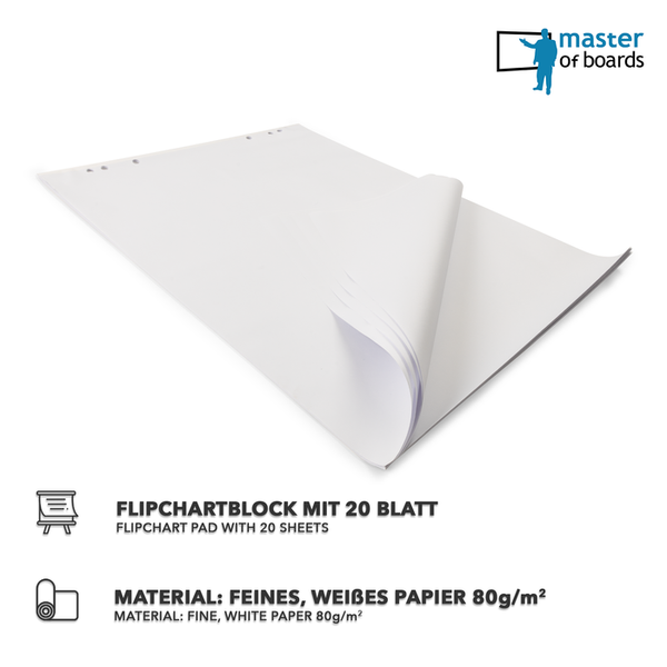 Flipchartblock mit 20 Blatt weißem Papier, 80 Gramm pro Quadratmeter, oben gelocht. Master of Boards Logo.