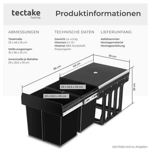Abfallsammler tectake Ashlyn 35 x 48 x 35 cm 2-fach Mülltrennung, 2x15L schwarz