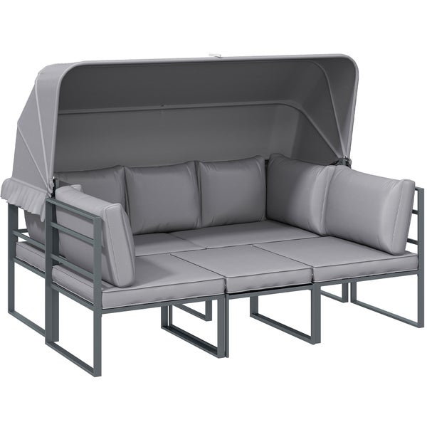 Outsunny Gartenmöbel Set wetterfest Sitzgruppe für 5 Personen Gartenlounge mit 3er Sofa 2 Sessel Sonnendach Kissen Beistelltisch Outdoor Balkonmöbel-Set Terrassenmöbel für Garten Balkon Grau