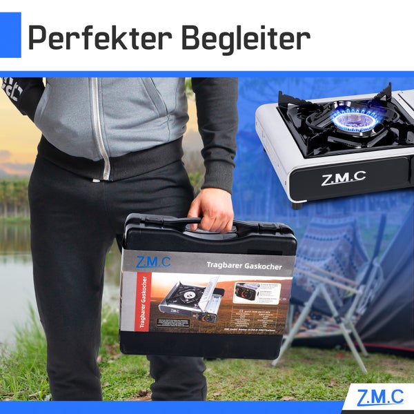 ZMC Edelstahl Gaskocher 1-flammig + Aufbewahrungskoffer + Grillplatte 33x26x4 cm, mit 8x Gaskartuschen 227g, Campingkocher für Outdoor und Innenraum, Campinggaskocher 2,2 kW, mit Piezozündung