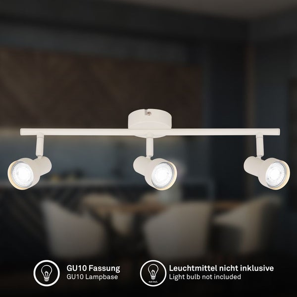Weiße dreiflammige Deckenleuchte mit verstellbaren Strahlern, GU10 Fassung, Leuchtmittel nicht enthalten.