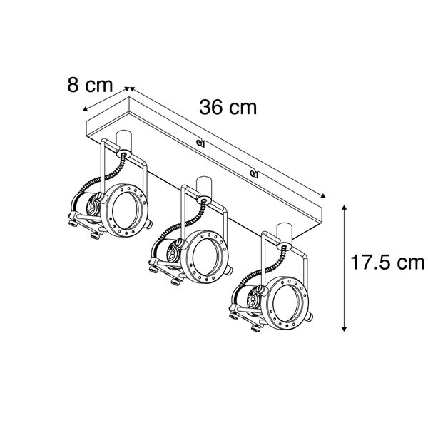 Technische Zeichnung einer Deckenleuchte mit drei Strahlern und den Maßen 8 cm x 36 cm x 17,5 cm.