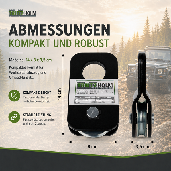 Trutz Holm Umlenkrolle für Seilwinden mit vier Tonnen Tragkraft, Maße 14 mal 8 mal 3,5 Zentimeter, robuste Konstruktion für Offroad-Einsätze.