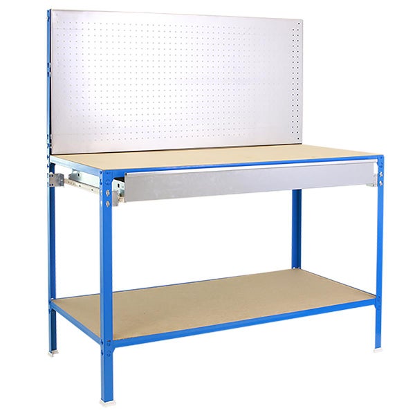 Werkbank BUFALLO LIGHT mit Lochwand & 2 Ebenen | HxBxT 144,5x120x60cm | Traglast 220kg | Blau/Verzinkt