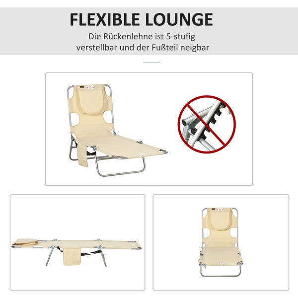 Flexible Gartenliege mit 5-stufig verstellbarer Rückenlehne und neigbarem Fußteil aus Metall und Textil, inklusive Kopfkissen und Seitentasche.