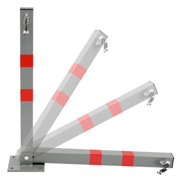 Umlegbarer Parkpfosten aus Metall mit Schloss, Schlüsseln und roten Reflexstreifen, Darstellung des Klappmechanismus.