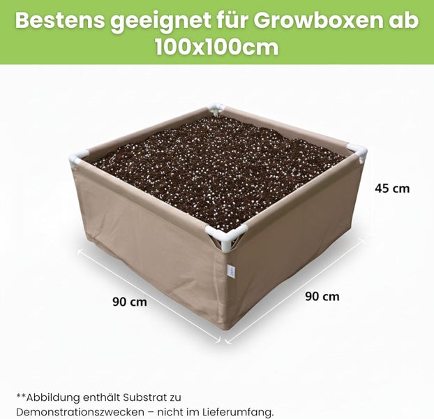 Quadratischer Growbox Einsatz mit den Maßen 90 x 90 x 45 Zentimeter