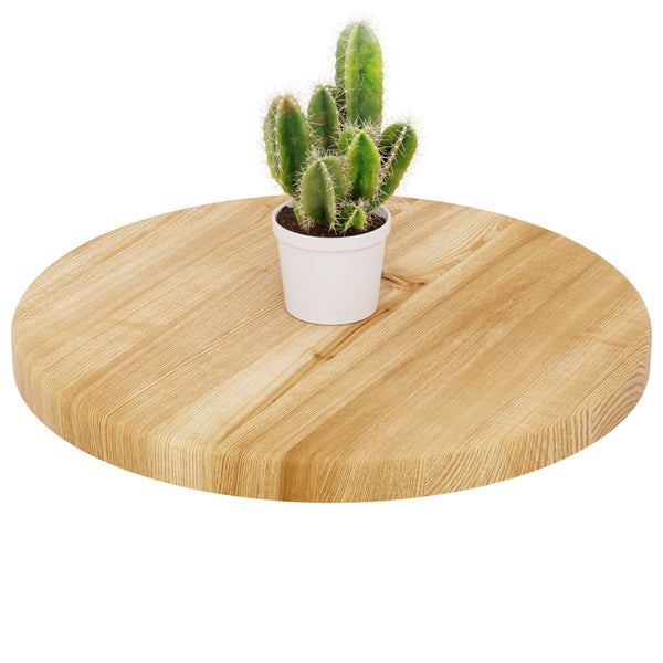 Runde Holzplatte mit Maserung und einem kleinen Kaktus im weißen Topf.