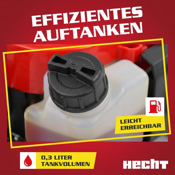 Hecht Kraftstofftank mit Verschlusskappe, null Komma drei Liter Tankvolumen und Hecht Logo.