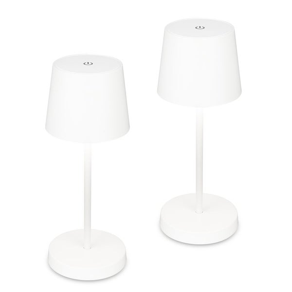 Zwei weiße wiederaufladbare Tischleuchten im Set mit Touch-Funktion oben auf dem Lampenschirm und rundem Standfuß.