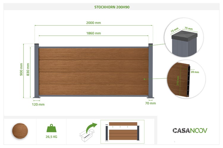 Zaunpaneel Stockhorn 200H90 mit Maßen, braune Holzoptik-Lamellen, graue Pfosten, Breite 2000 Millimeter, Höhe 900 Millimeter, Casanoov Logo.