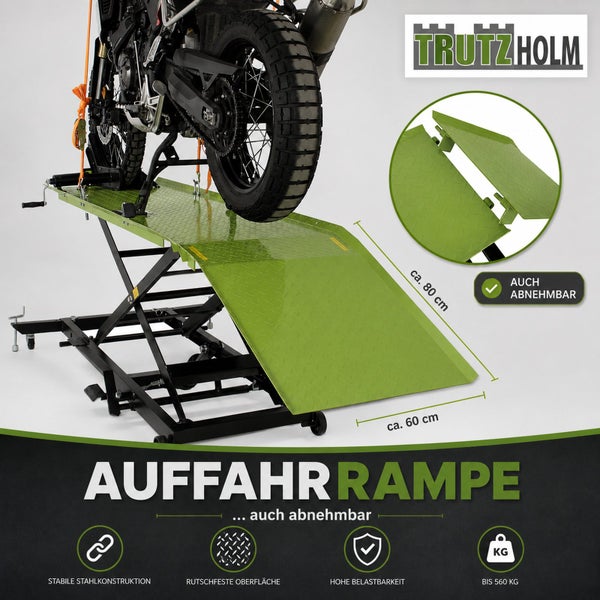 Trutzholm Motorradhebebühne, abnehmbare Auffahrrampe circa 80 mal 60 Zentimeter, Stahl, rutschfest, bis 560 Kilogramm. Trutzholm Logo.