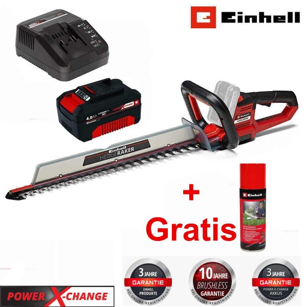 Einhell Akku-Heckenschere Set mit 18 Volt Akku, Ladegerät, Pflegespray und Hinweisen zu Garantien.