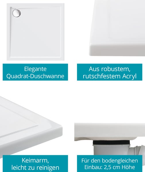 Calmwaters® Quadrat-Duschwanne Modern Select, eckige bodengleiche Brausewanne aus Acryl, 80 x 80 x 2,5 cm mit Ablaufloch in 90 mm, Duschtasse in Weiß, 01SL2983