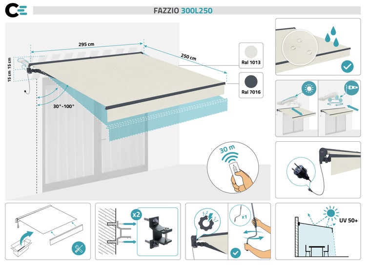 FAZZIO 3x2,5m Beige motorisierte Halbkassettenmarkise - Premium-Canvas 320 g/m²