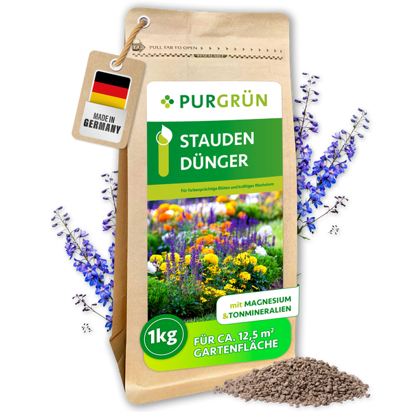 Purgrün Staudendünger mit Magnesium und Tonmineralien in der 1 Kilogramm Packung für 12,5 Quadratmeter Gartenfläche, Made in Germany.