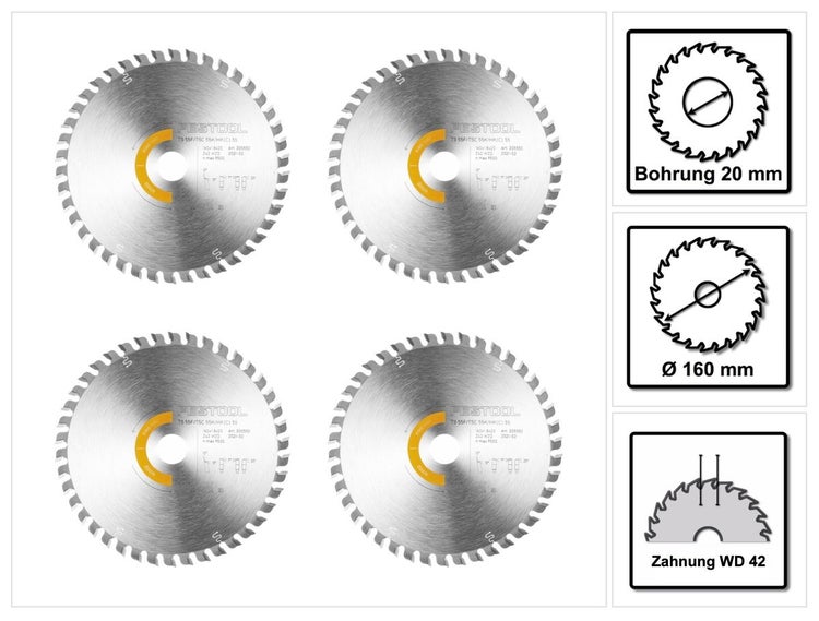 Festool 4x Kreissägeblatt Wood Fine Cut HW 160 x 1,8 x 20 mm WD42 ( 4x 205553 ) für Tauchsägen TS 55 F, TSC 55 K & Handkreissägen HK 55, HKC 55