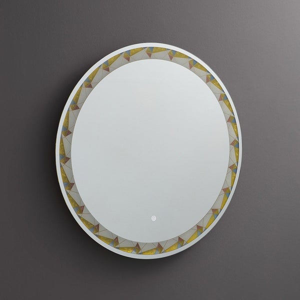 Runder Badspiegel mit LED-Beleuchtung, dekorativem geometrischem Rand und Touch-Sensor.
