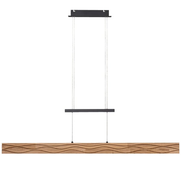 Moderne Hängeleuchte aus Holz und Metall in Balkenform mit geschwungenem Design für die Beleuchtung über dem Esstisch.
