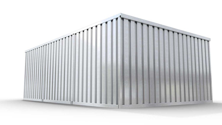 Lagercontainer Gerätehaus L3  – 25 qm, H2115 x B4050 x T6520 mm, verzinkt, ohne Fußboden, 1270 mm Einflügeltür mittig in Modul D, zerlegt
