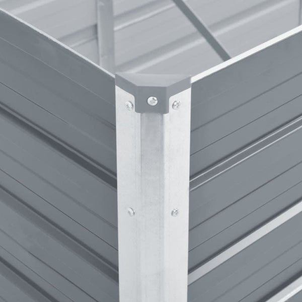 Detailansicht der Eckverbindung eines Hochbeets aus Metall mit Eckpfosten, Kunststoffschutzkappe und Verschraubung.