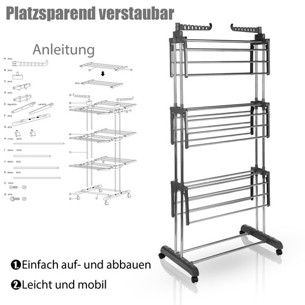 BigDean Wäscheständer Turm mit 3 Ebenen und 4 Rollen in Grau - Wäscheständer platzsparend für innen & außen