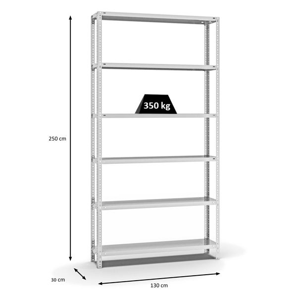 PROREGAL Fachbodenregal Schraubsystem Heavy-Duty Grundregal HxBxT 250 x 130 x 30 cm 6 Ebenen Fachlast 350 kg Beidseitig Nutzbar Lichtgrau