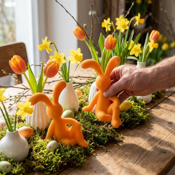 Osterdekoration mit Osterhasenfiguren, Frühlingsblumen in Vasen und Ostereiern auf einem Holztisch, eine Hand platziert eine Hasenfigur.