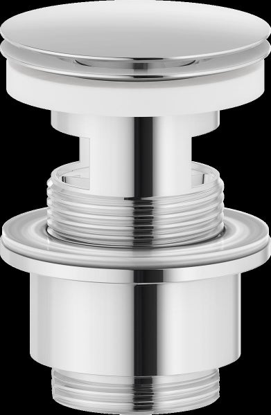 Ablaufgarnitur für Waschbecken aus verchromtem Metall mit einer weißen Dichtung.