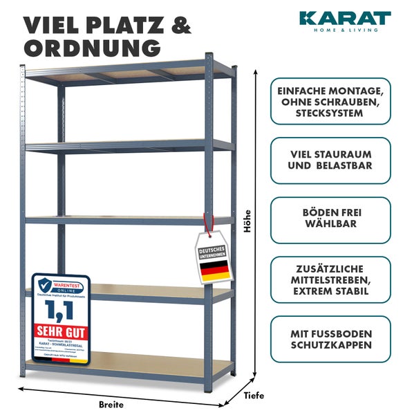 Karat Schwerlastregal aus Metall mit 5 verstellbaren Holzböden, schraubenloses Stecksystem, Mittelstreben, Bodenschutzkappen, Testurteil sehr gut.