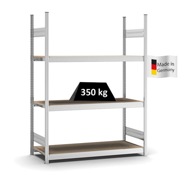 PROREGAL Weitspannregal Stecksystem T-Profil Grundregal HxBxT 200x150x50 cm 3 Ebenen Spanplatten Fachboden Fachlast 350 kg Verzinkt