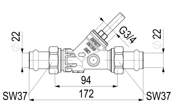 Technische Zeichnung eines Schrägsitzventils mit Maßangaben: DN20, G 3/4 Zoll, Länge 172 Millimeter und 22 Millimeter Anschlüssen.