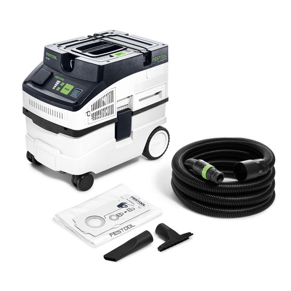 Festool Absaugmobil Cleantec CT 15 E inklusive Saugschlauch, Filtersack, Fugendüse und Polsterdüse.
